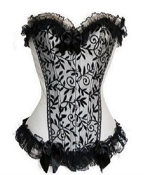 White Satin Black Flower Fishnet V-line Corset